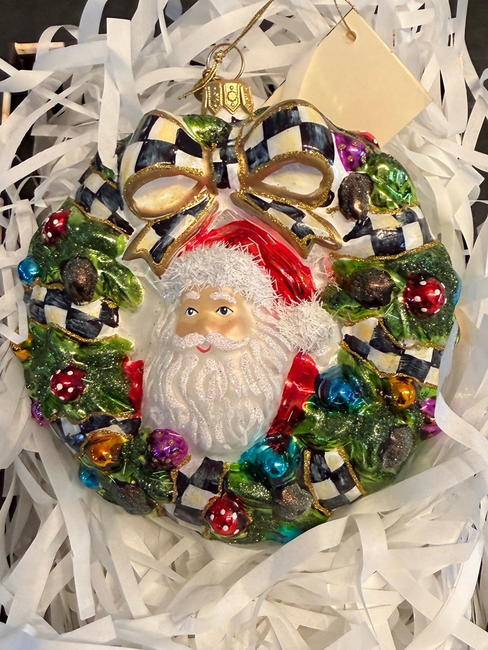 Mackenzie Childs 2025 Here Comes Santa Wreath Glass Ornament - NIB